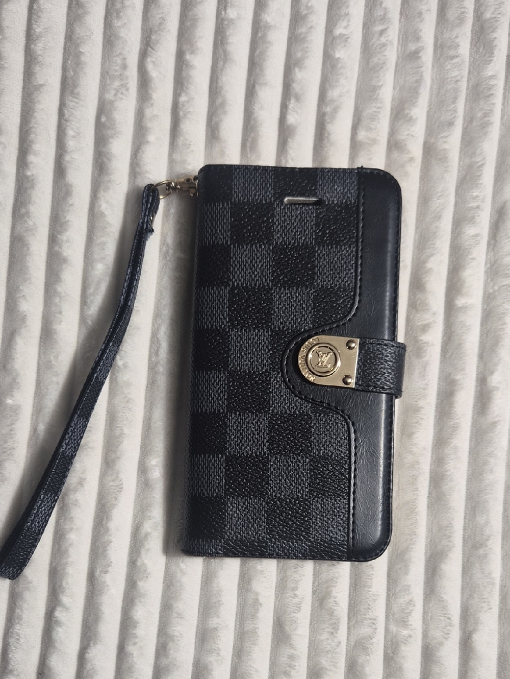 Louis Vuitton Black Damier Checkered Wallet Phone Case with Wrist Strap